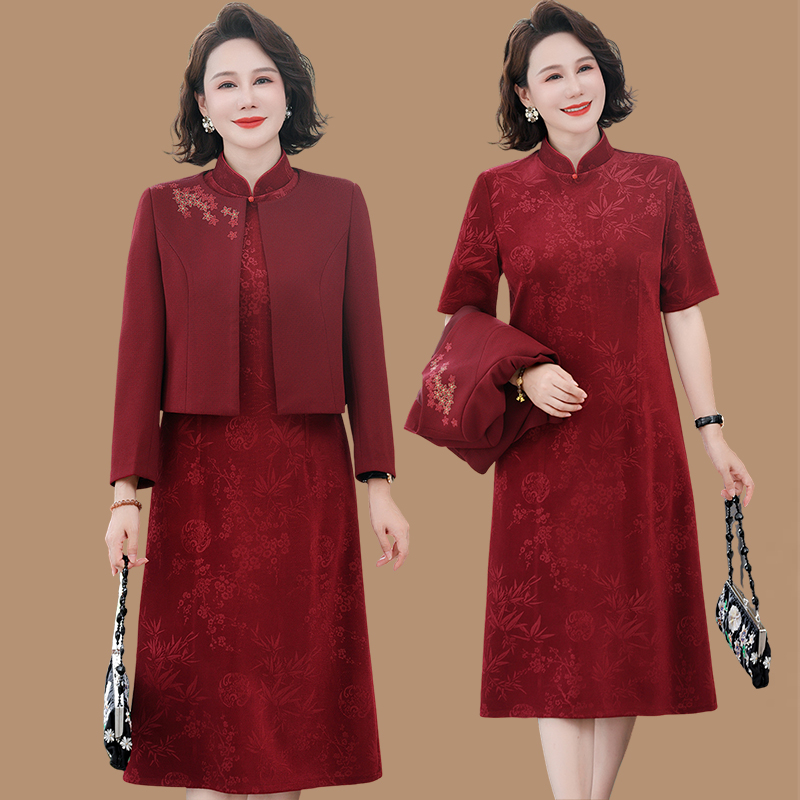 结婚礼服妈妈喜服春秋季两件套装旗袍连衣裙2024新款喜婆婆婚宴装