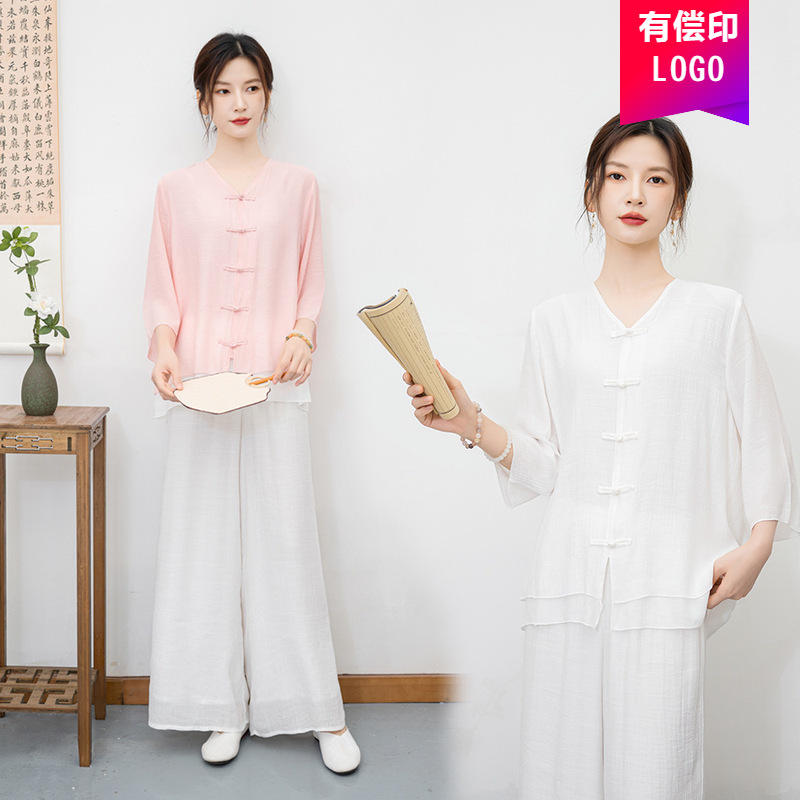新款#2024新款民族风禅意打坐练功服两件套国风瑜伽服茶服女白色