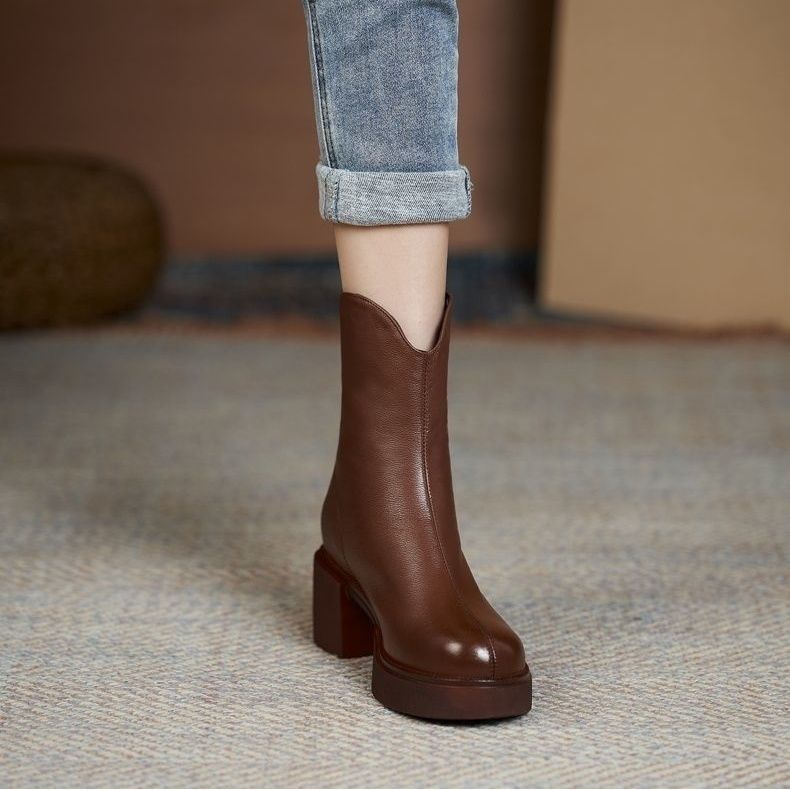 潮牌女鞋真软皮高跟马丁靴新款秋冬粗跟加绒皮靴保暖短靴厚底中筒