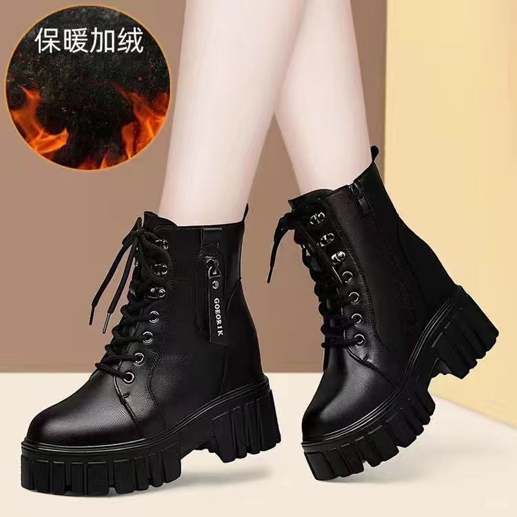 潮牌女鞋真软皮马丁靴2023新款春秋单靴厚底内增高靴子加绒英伦风