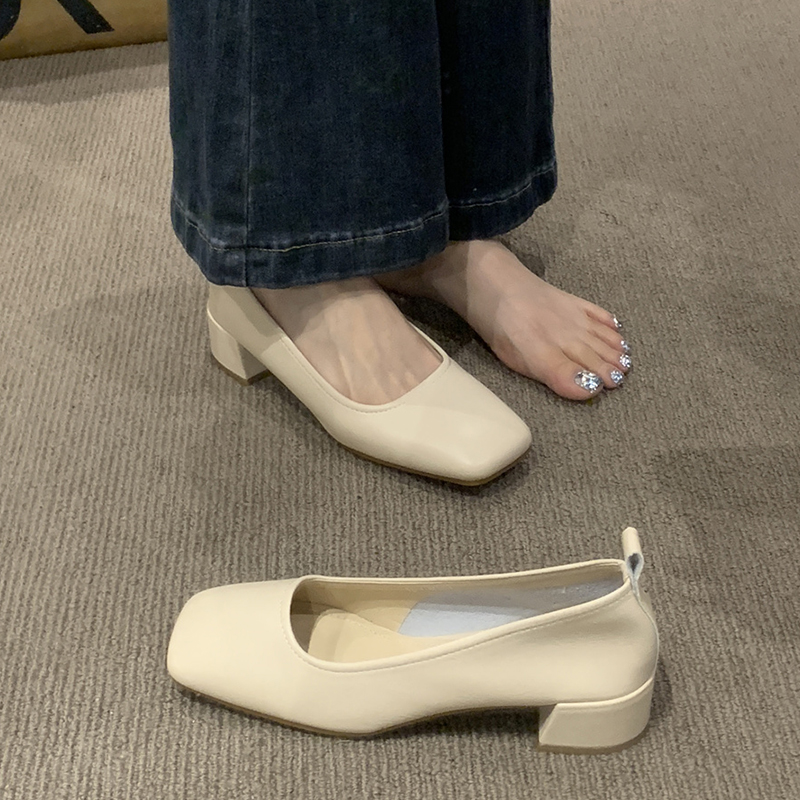 潮牌女鞋法式单鞋女鞋子2023年春秋新款简约通勤百搭方头浅口粗跟