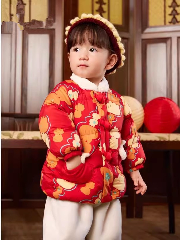 儿童男女小童宝宝短款中国红婴儿冬季2024加绒新款拜年服潮红色季