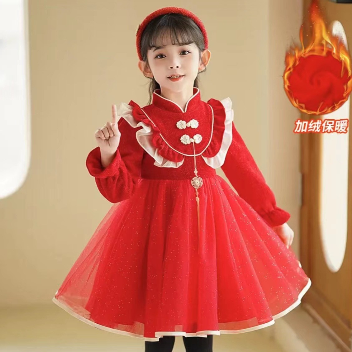 送流苏女童秋冬公主裙新款气质国风女宝宝加绒加厚连衣裙洋气纱裙