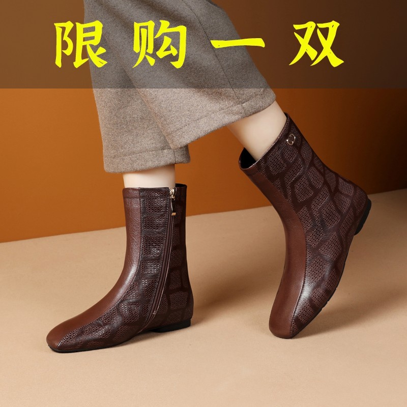 红蜻蜓牌中筒靴冬季新款真皮女靴子百搭内增高奶奶鞋加绒平底中