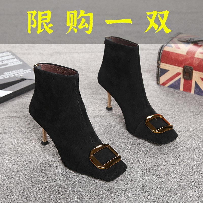 红蜻蜓牌女鞋2023秋冬新款真皮方头短靴细跟金属扣及裸靴加绒高