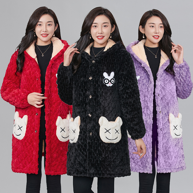 冬季加绒加厚保暖罩衣中长款大码宽松带帽工作服中老年妈妈装轻奢