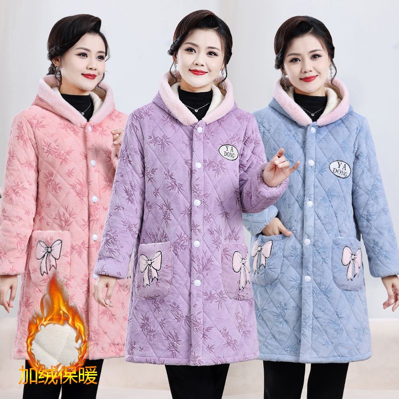 冬季保暖棉服外穿2024新款加绒厚中长款罩衣睡衣工作服妈妈装轻奢