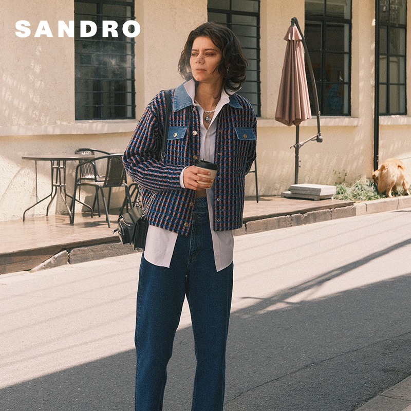 SANDRO女装巴恩风高级感千鸟格牛仔拼接针织外套SFPCA00803