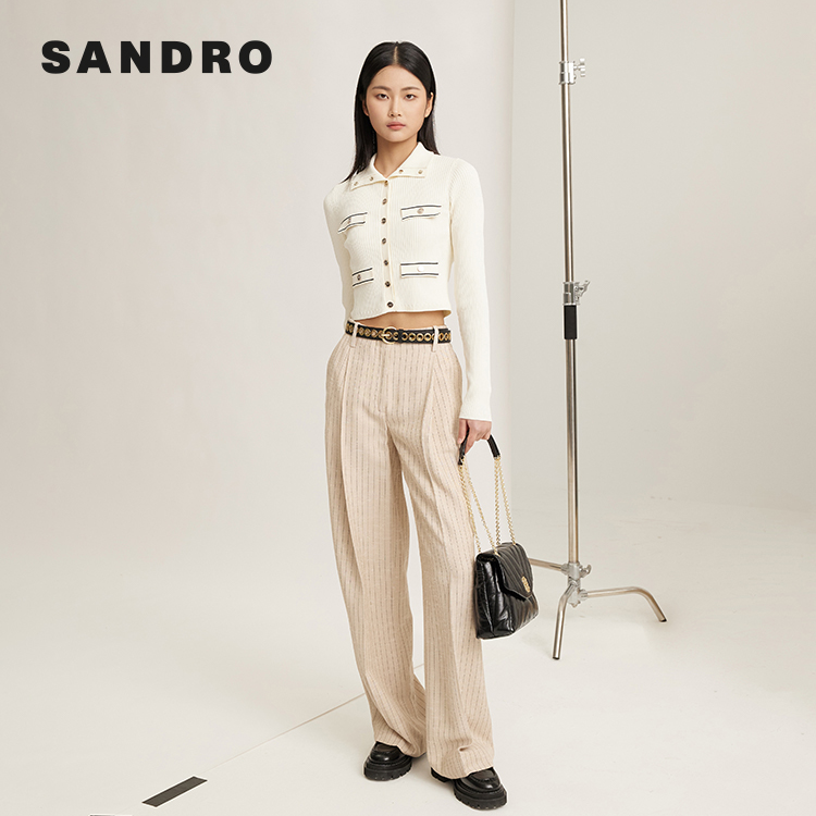 【待】SANDRO春秋新款法式高腰竖条纹直筒休闲长裤SFPPA01383