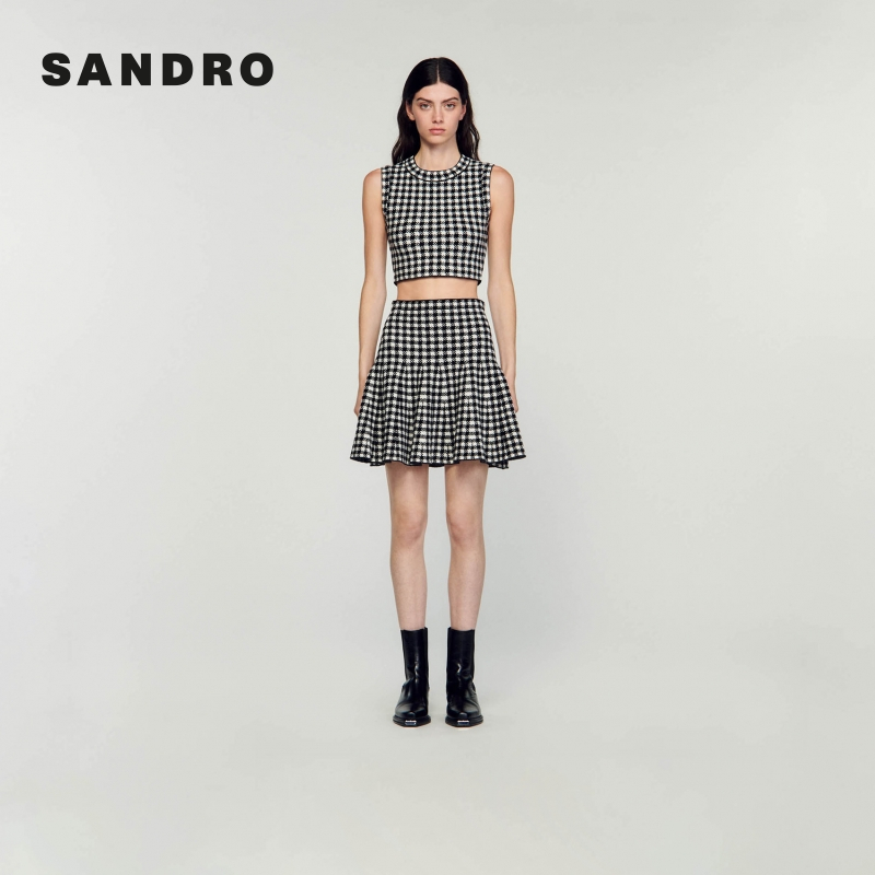【一秒入夏】SANDR春夏女装时尚黑白撞色千鸟格短款马甲SFPPU02029