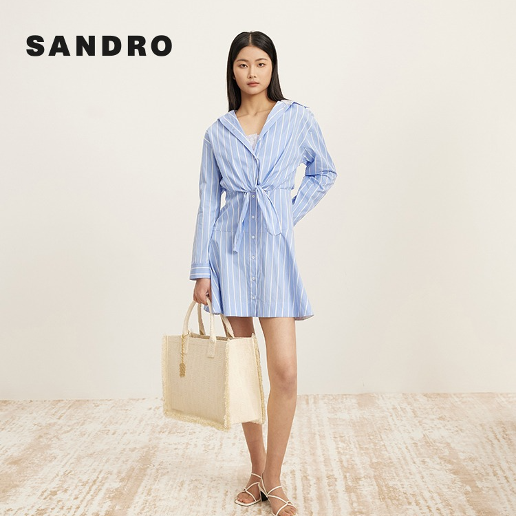 商场同款|SANDRO秋冬女装气质假两件条纹收腰连衣裙SFPRO03598