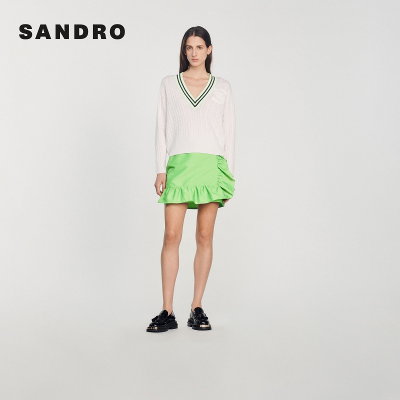 SANDRO早秋女装法式气质宽松V领撞色绞花针织衫上衣SFPPU01800