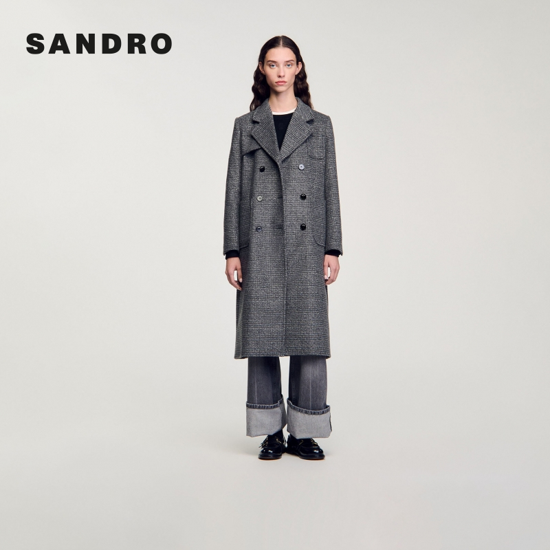 SANDRO女装经典款法式时尚气质格纹翻领长款大衣外套SFPOU00652