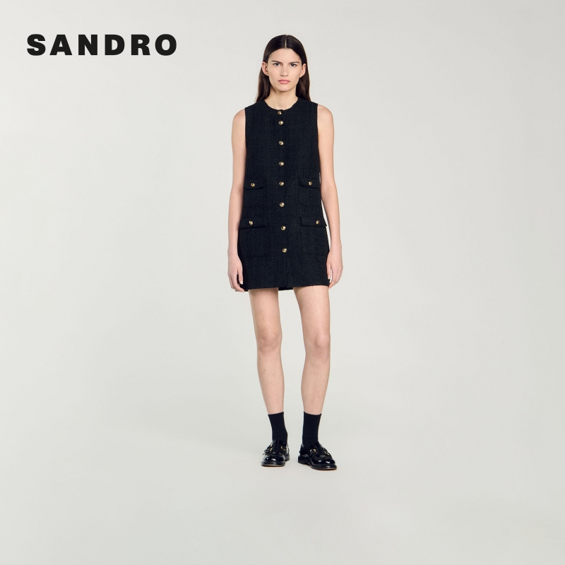 商场同款|SANDRO秋冬新款气质粗花呢无袖短款连衣裙SFPRO04000