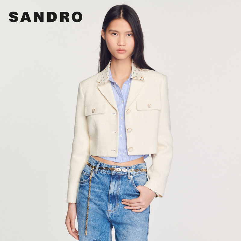 SANDRO早秋新款女装时尚气质排扣短款粗花呢长袖外套SFPVE00704