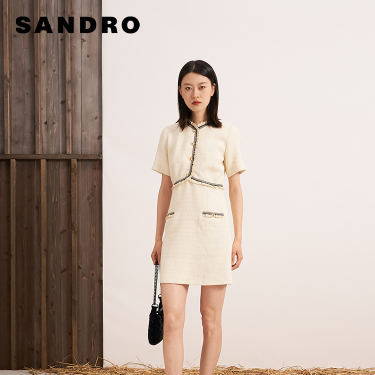 暖系穿搭|SANDRO秋冬女装粗花呢白色A字短款连衣裙SFPRO03308
