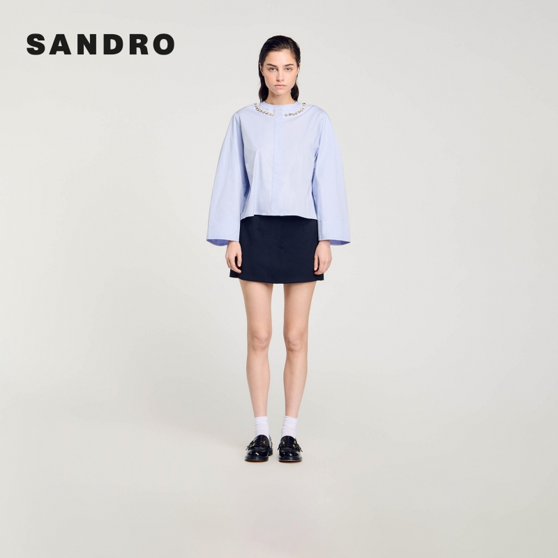 SANDRO新款女装法式设计感仿钻饰喇叭袖衬衫上衣SFPCM01151