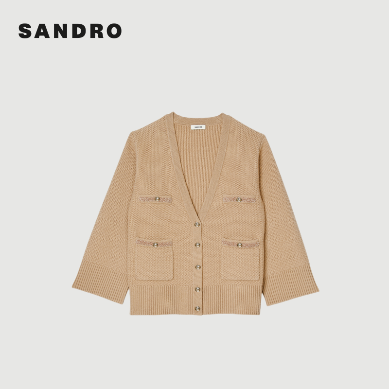 SANDRO女装慵懒绵羊毛驼色宽松针织开衫上衣SFPCA01122