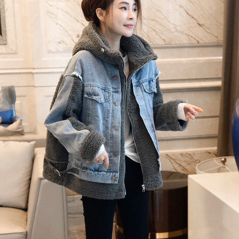 加绒牛仔外套女2023秋冬季新款宽松短款连帽棉衣加厚高品质上衣服