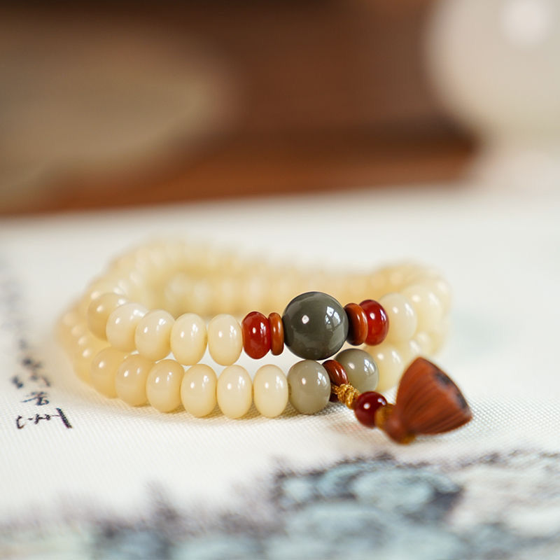 （送盘玩袋）奶油黄菩提手串算盘珠天然玉化双圈手串女款莲蓬菩提根