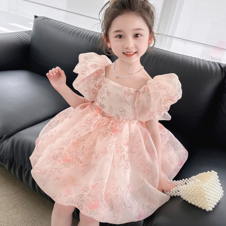 儿童蕾丝网红洋气宝宝夏季泡泡袖女童花苞裙碎花连衣裙女宝公主裙
