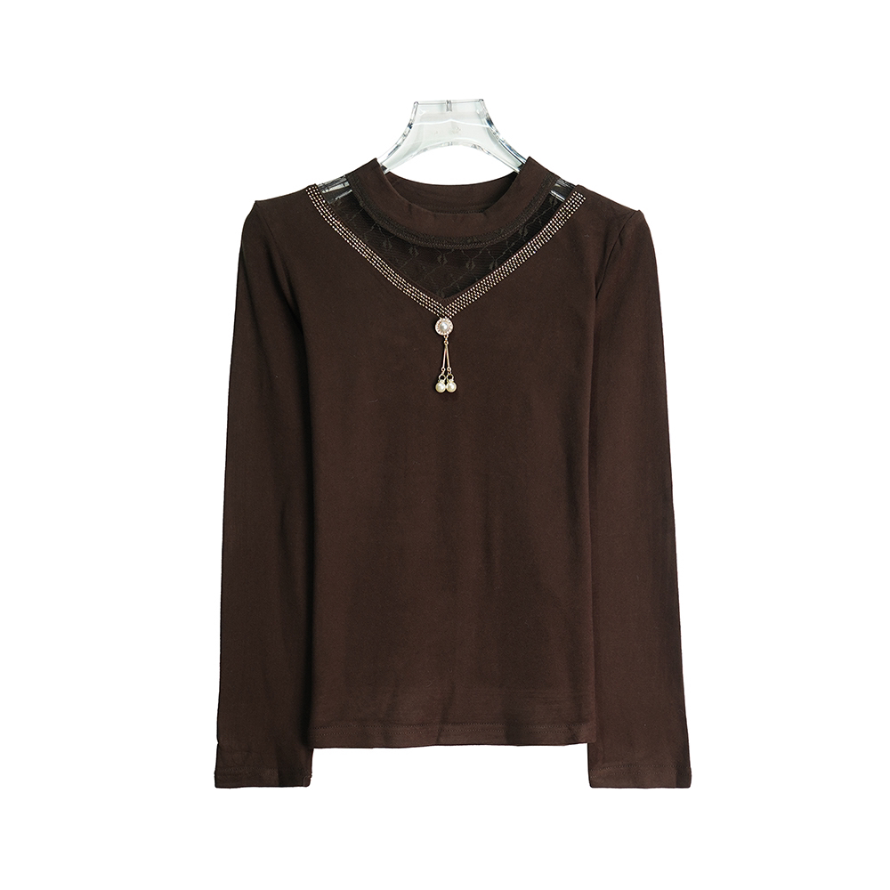 X24396【上新】时尚洋气咖色蕾丝修身显瘦立领长袖打底衫3D