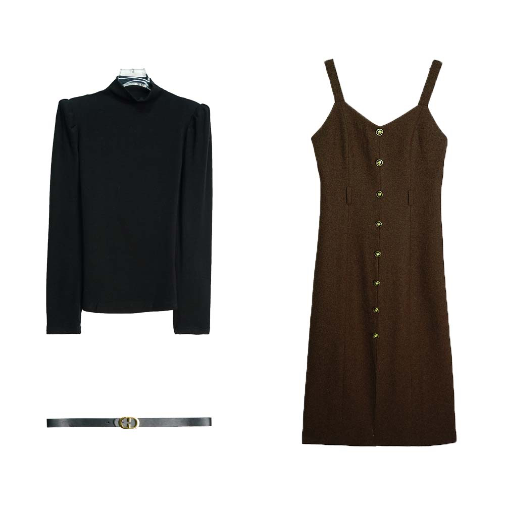 X3613【上新】小香风吊带连衣裙打底衫两件套（赠腰带）3D