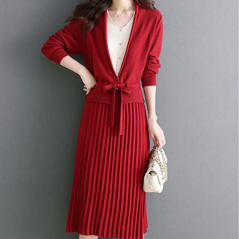 X24634【上新】时尚V领假两件收腰气质显瘦百褶连衣裙3D