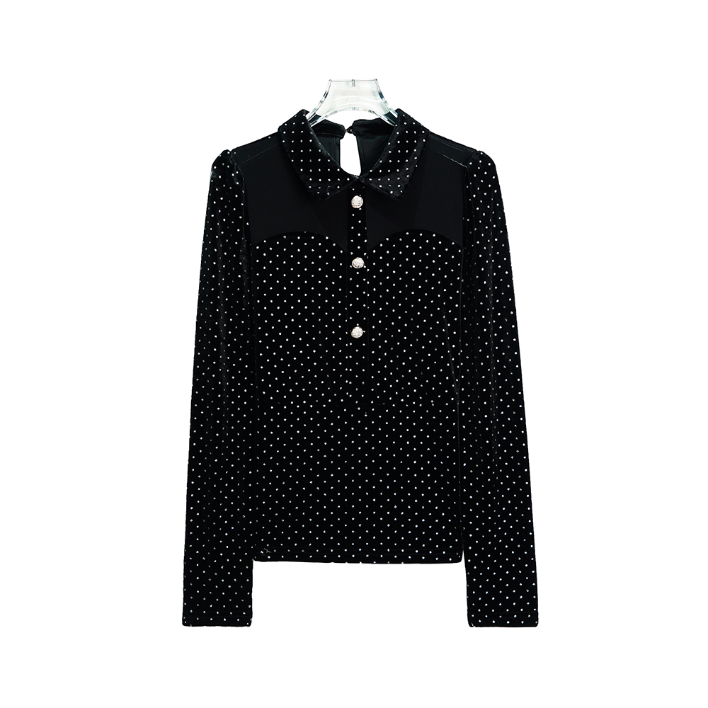 X24206【上新】黑色复古娃娃领波点拼接复古设计感百搭小衫3Q