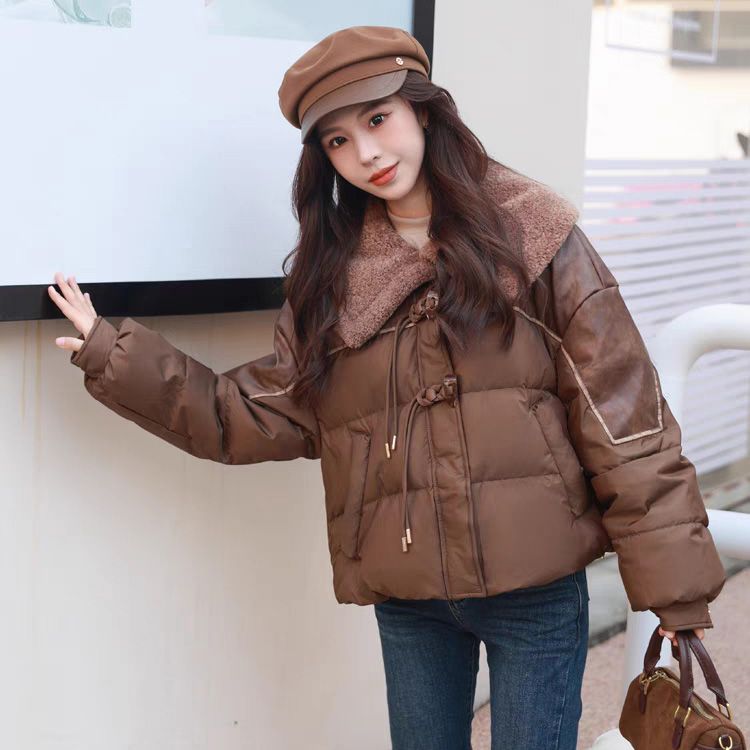 设计师款皮衣拼接羽绒服女短款冬季新款白鸭绒领加厚外套显瘦时尚