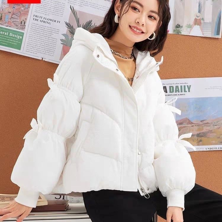 2023冬新款日系甜美宽松灯笼袖短款服女蝴蝶结连帽白鸭绒外套