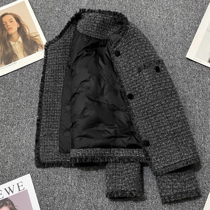 深灰色保暖内里加厚小香风西装外套女2024年冬季新款休闲小众西服