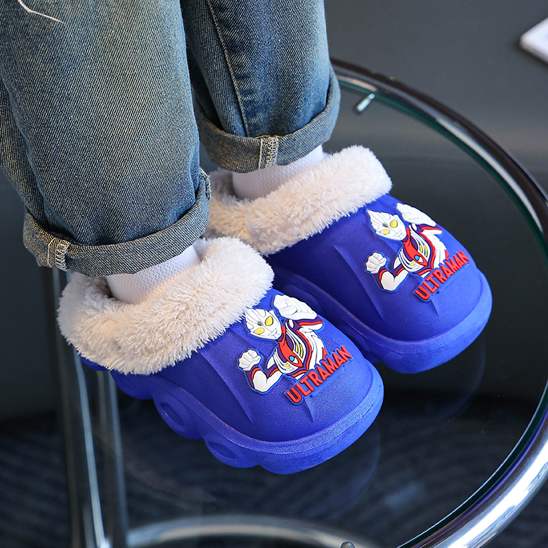 新款迪迦奥特曼儿童棉拖鞋宝宝加绒加厚底男童拖鞋冬季居家可拆洗