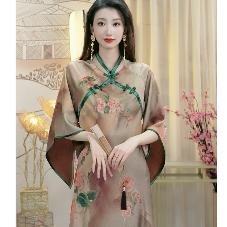 星多嫣2025年夏季新款新中式国风复古日常修身中长款裙子（3474）