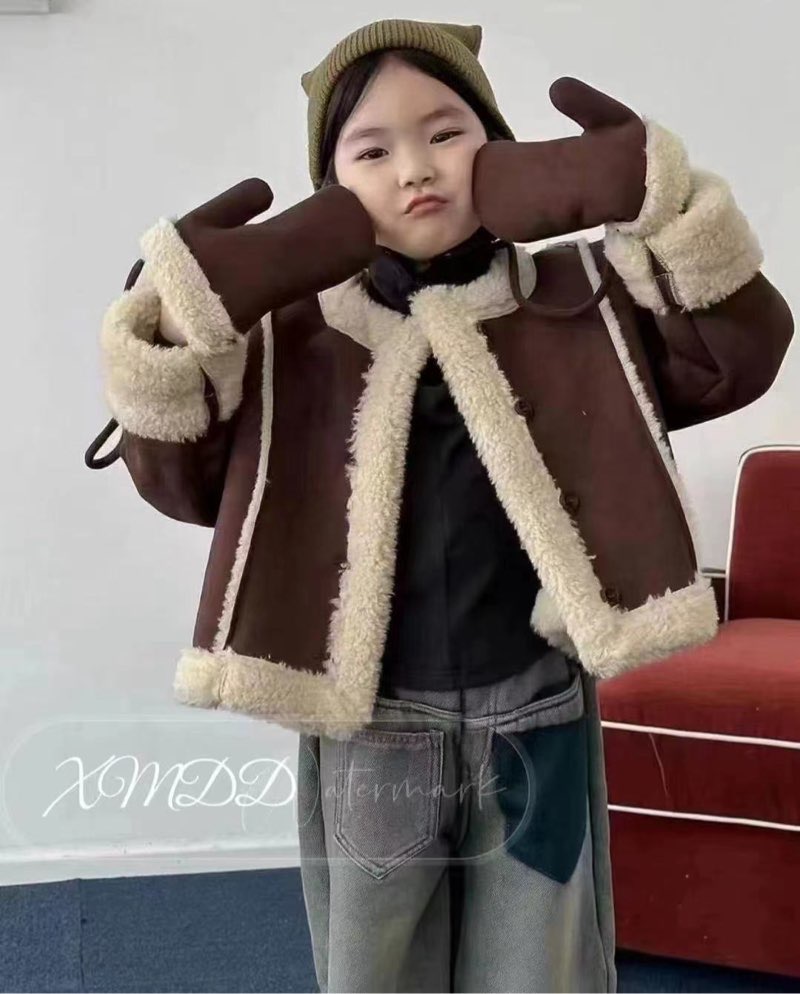 夹克加绒短款棉服冬款纯色皮毛一体厚款中童保暖冬季圆领韩版