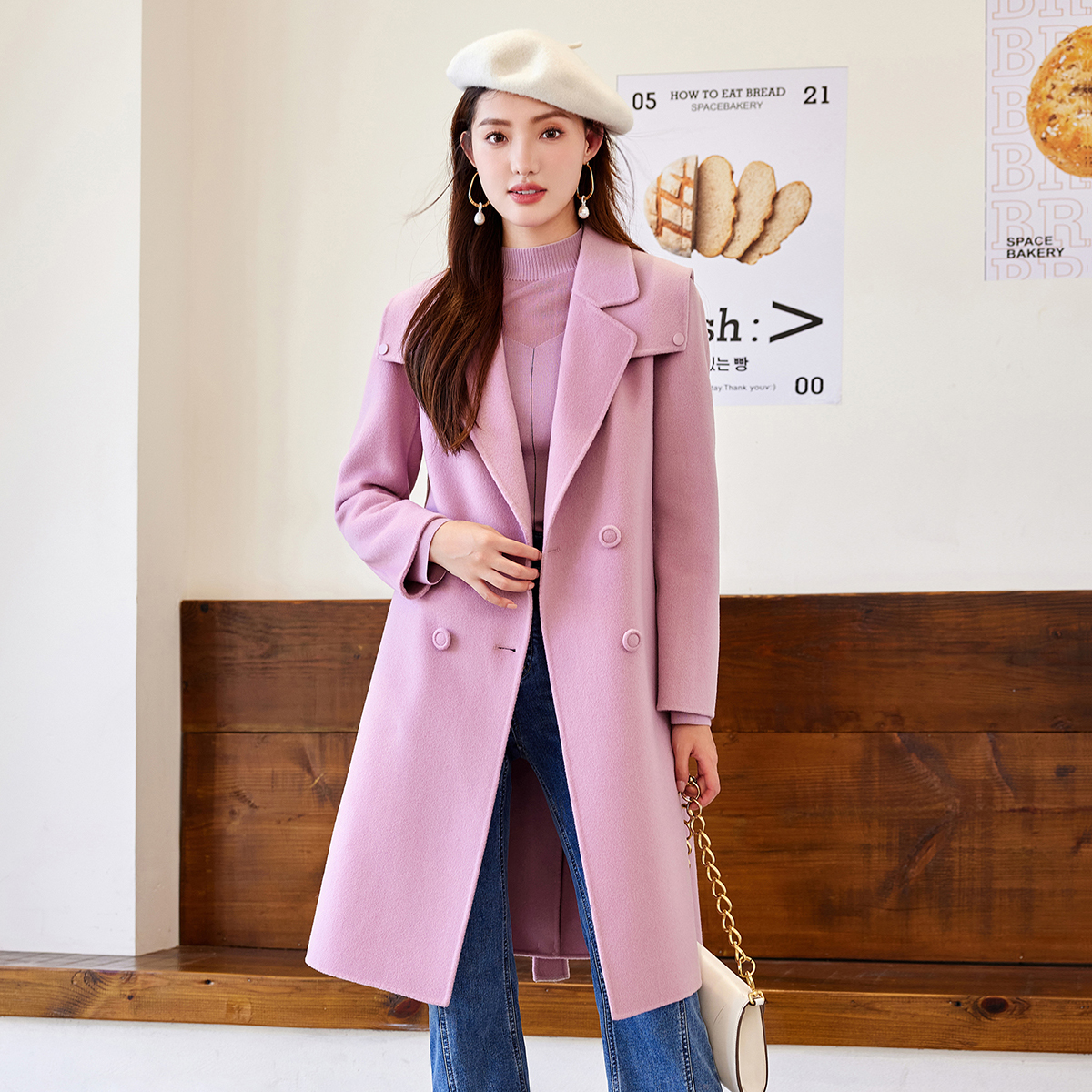 茜舞双面纯绵羊毛呢外套女2025时尚中长款外套【53M197】