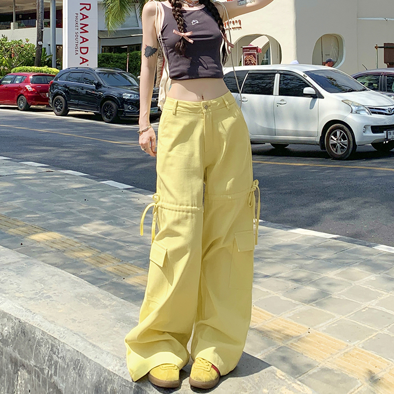 李柒月多巴胺穿搭高腰工装裤女2024夏季抽绳可调节宽松直筒休闲裤
