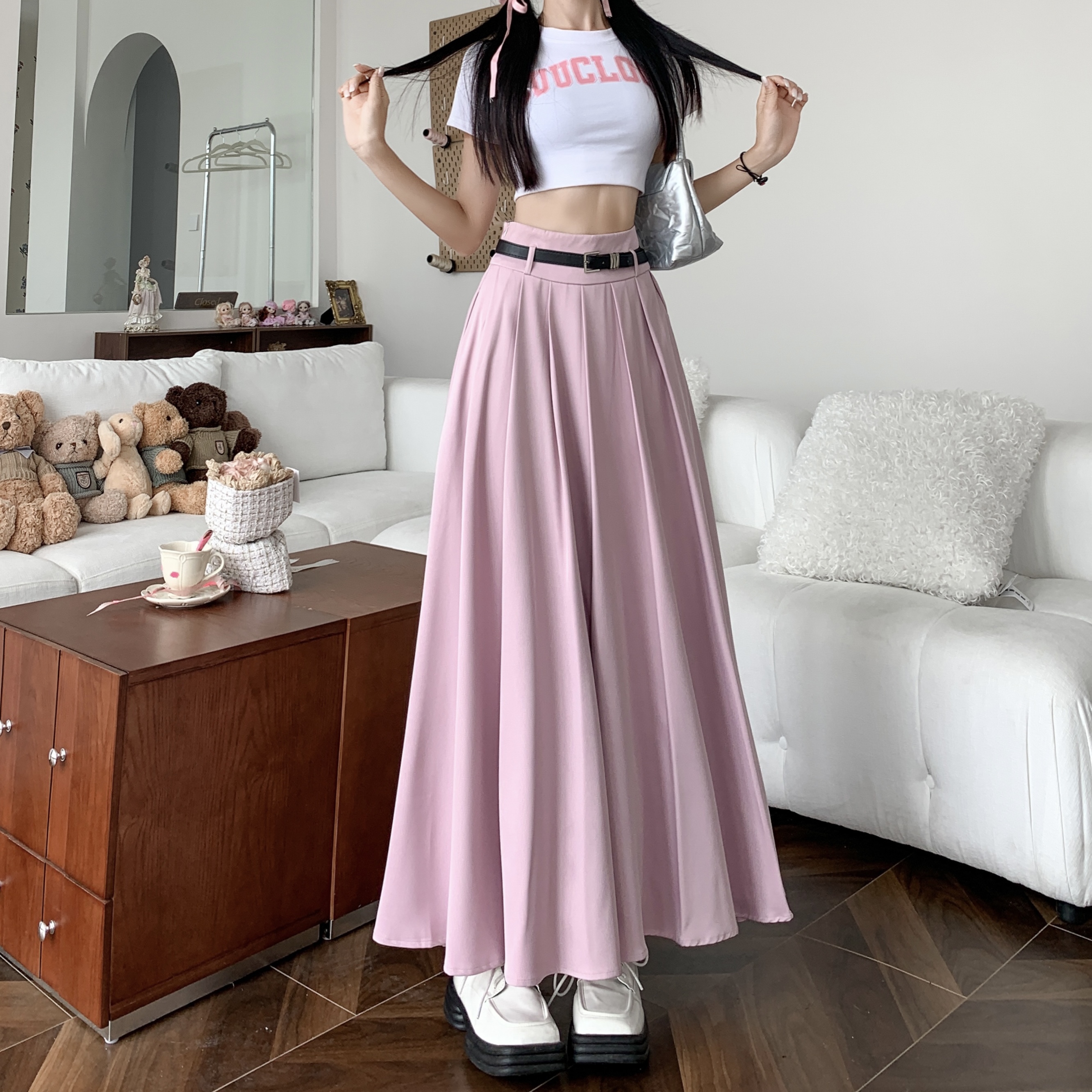 李柒月2025新款粉紫色西装半身裙气质小个子高腰韩版百褶裙A字裙