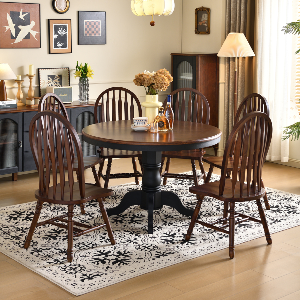 中古风家具法式中古风白蜡木全实木圆餐桌6-8人餐厅美式复古餐桌