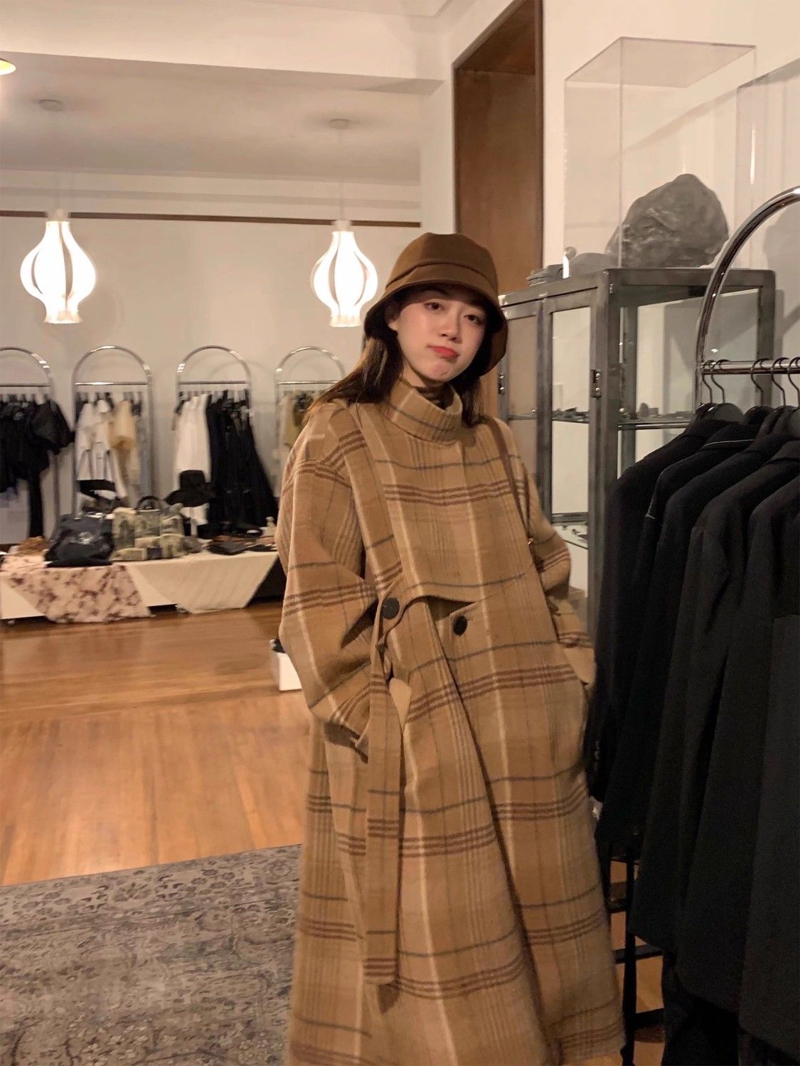 廓形大衣秋冬中长款羊毛呢外套设计感竖领格子双面呢大衣女气质