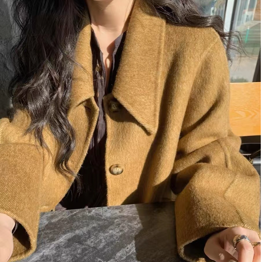 2024年新款秋冬宽松加厚高级感双面羊毛呢中长款外套时尚百搭