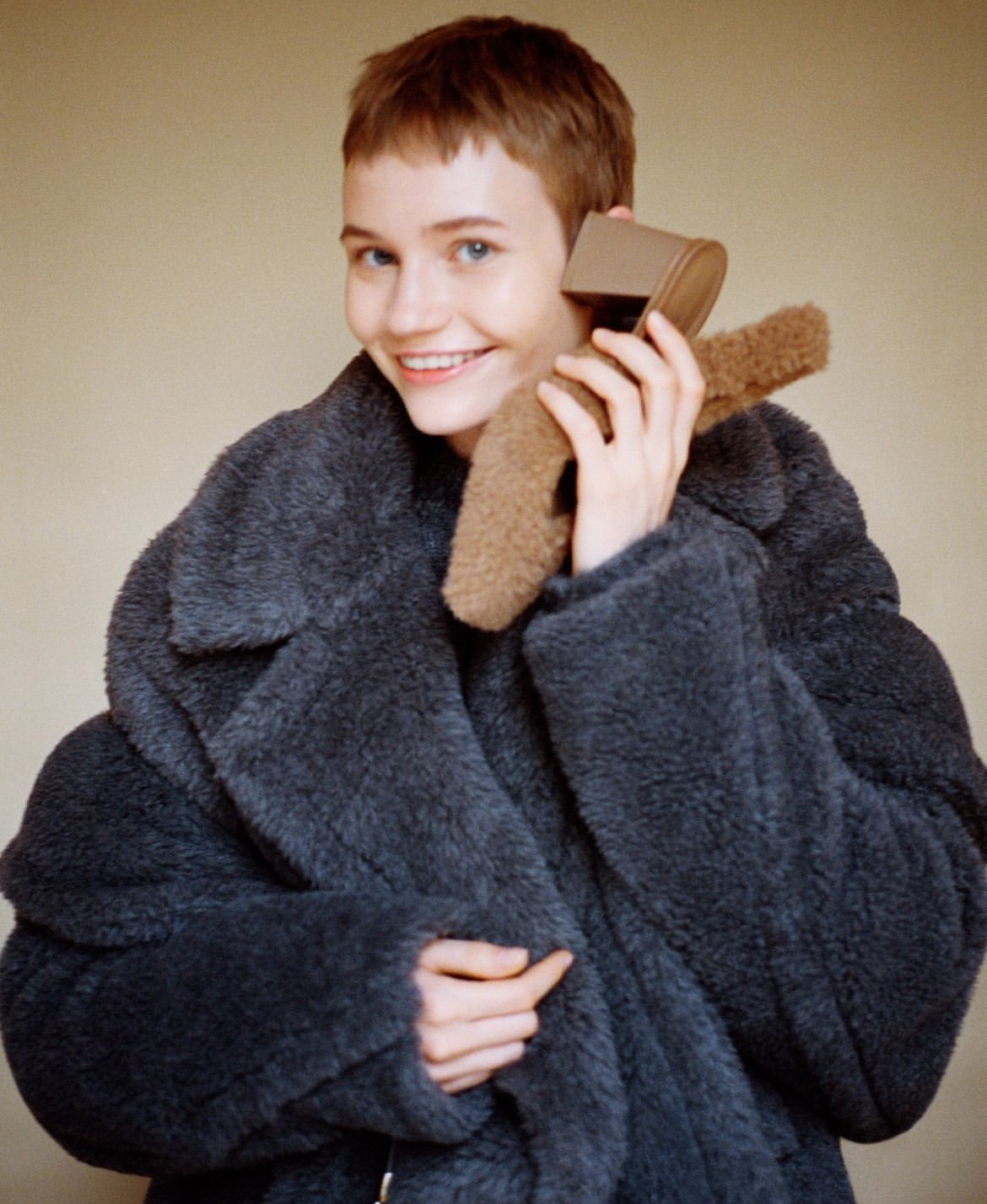 全新未使用 MaxMara 冬季羊羔毛绒宽松保暖深灰色泰迪熊大衣