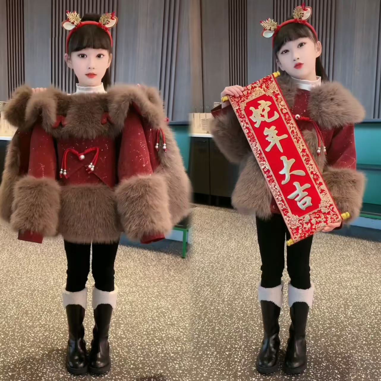 拜年服女中大童冬装大衣儿童新年装加绒加厚保暖外套女孩女童皮草