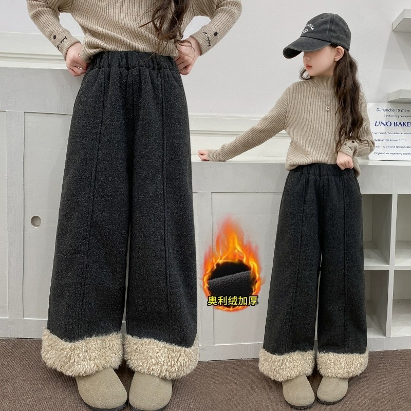 女童阔腿裤加绒秋冬款2025新款女孩宽松一体绒直筒裤儿童洋气长裤