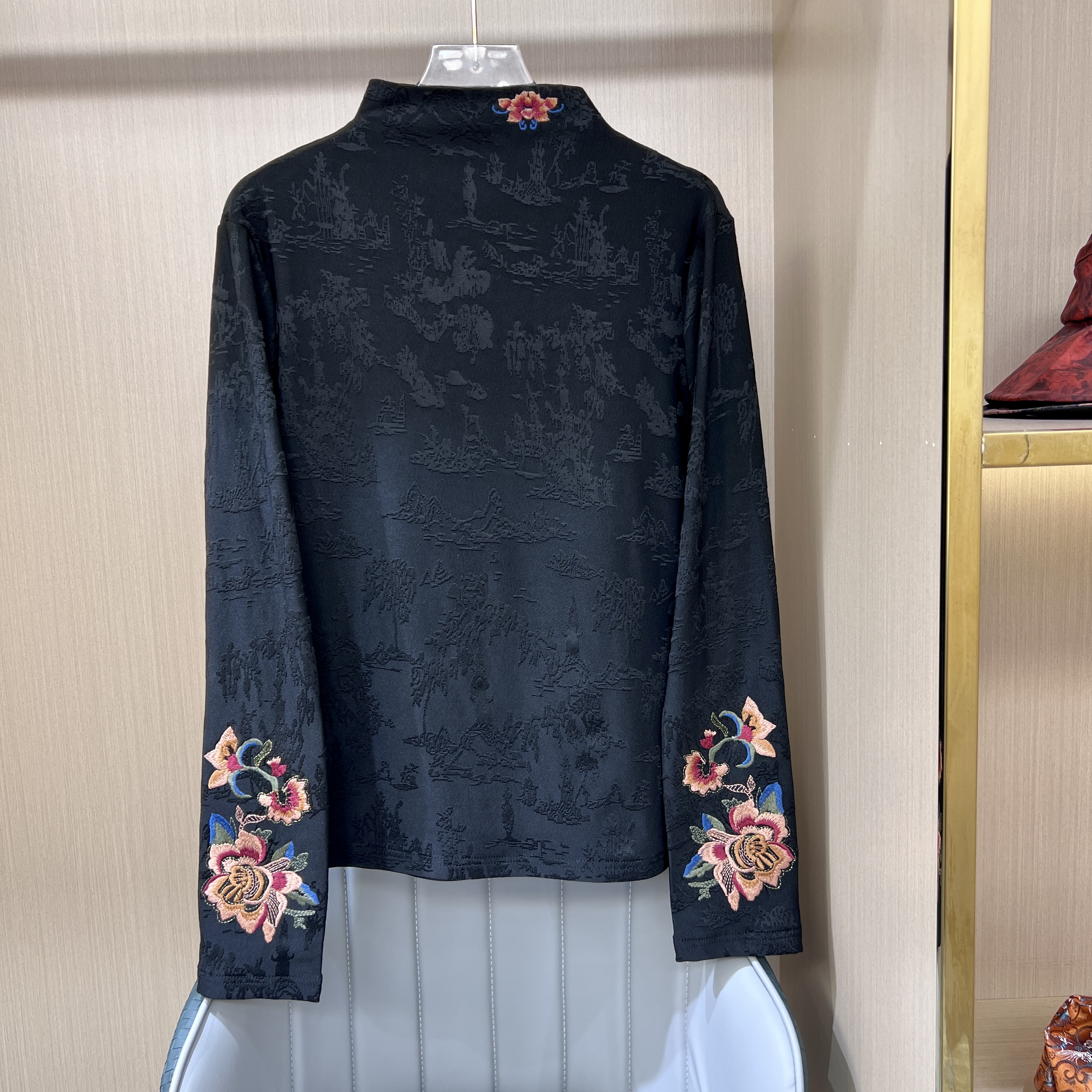 【牡丹花】加绒加厚打底衫秋冬新款国风百搭刺绣高领提花长袖内搭女