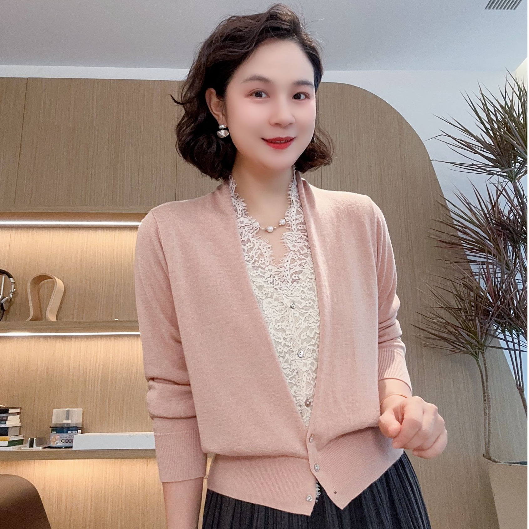 （蕾丝）贵妃领假二件开衫长袖针织衫春秋新款#DQ6730