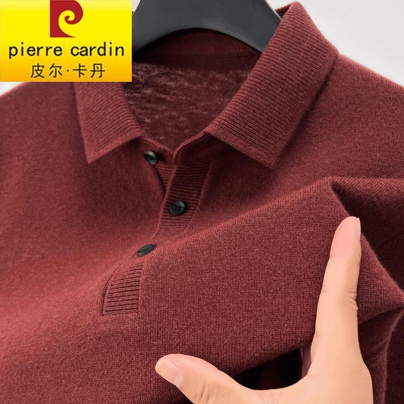 皮尔卡丹2024秋冬新款男士翻领羊毛衫日系简约套头厚款羊毛30%聚