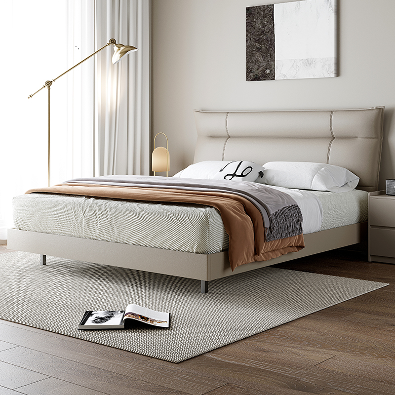 Sunhoo/双虎真皮床简约软包意式极简主卧大床高箱储物软床23211