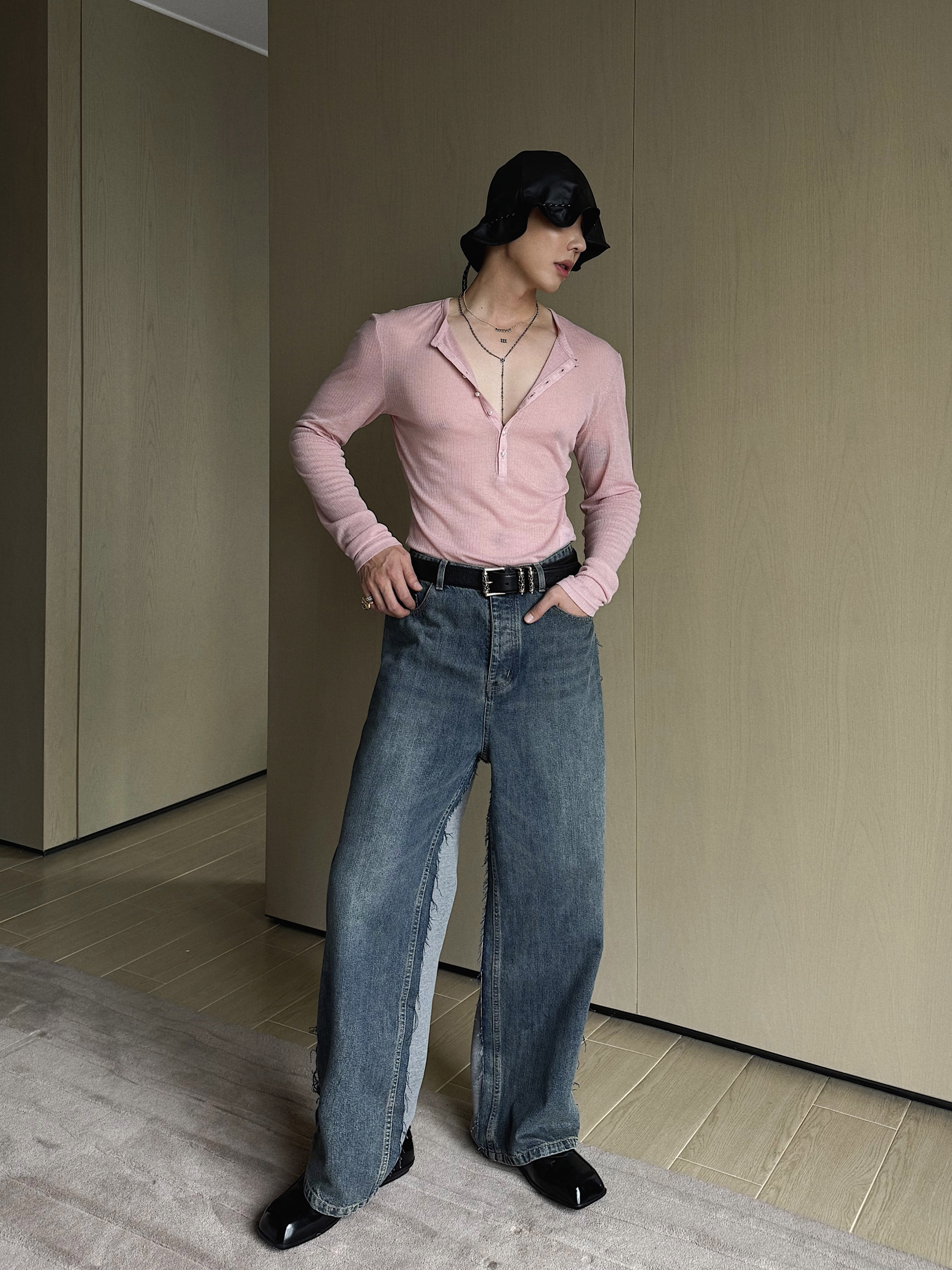 weave【现货】炒小众牛仔拼卫裤重磅水洗宽松阔腿松紧腰百搭休闲裤