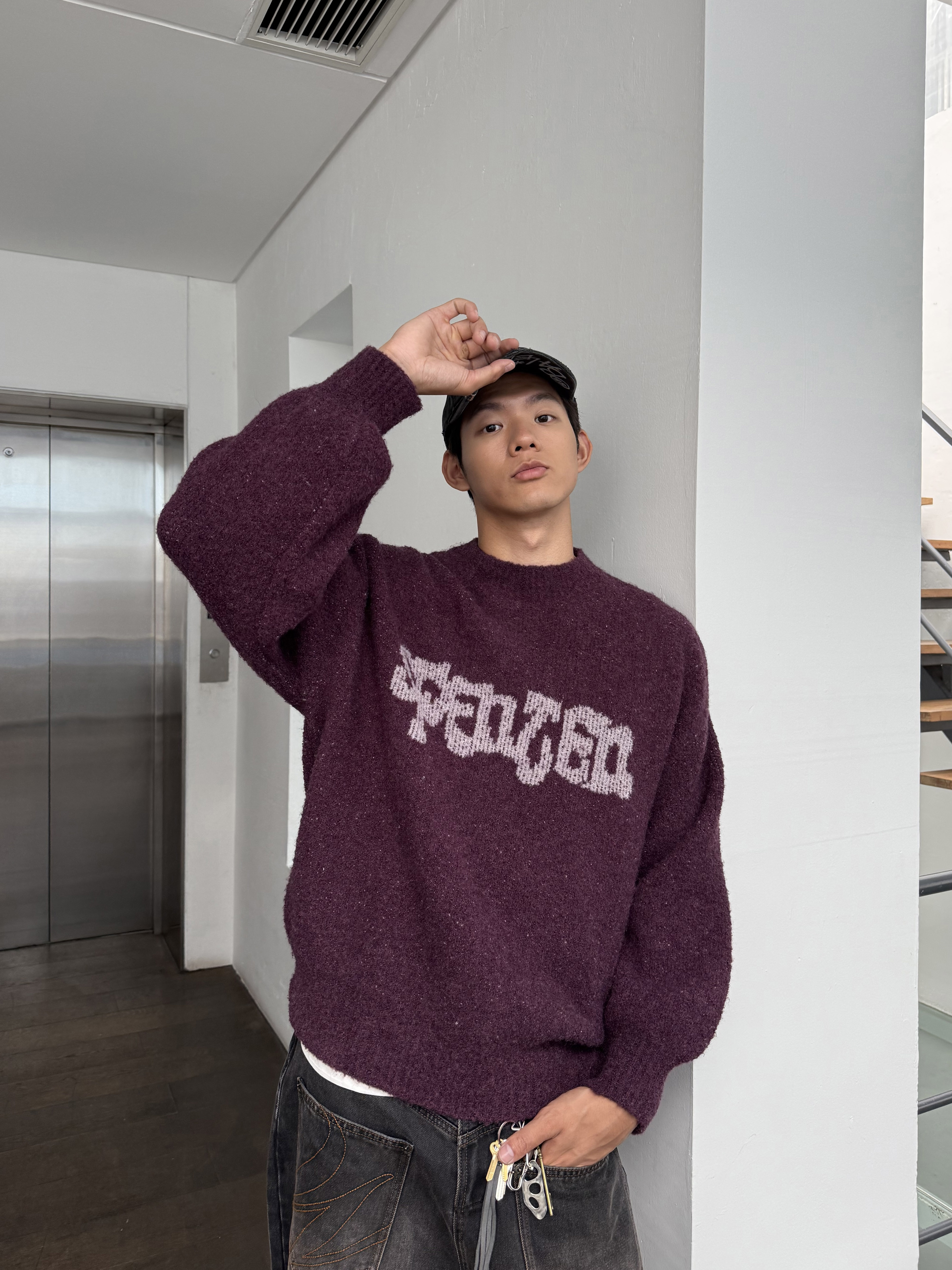 【现货】提前过圣诞 美式刺绣紫色肌理羊毛质感蓬松软糯毛衣